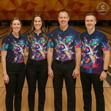 Load image into Gallery viewer, Men women bowling team wearing matching funny shark bowling jerseys during league tournaments, personalized team apparel representing friendship, humor, teamwork and championship spirit.