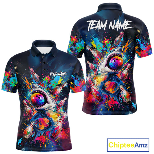 Men's bowling polo featuring colorful splatter funny shark artwork with bowling graphics, personalized bowling shirt for shark lovers, family bowling leagues, casual competitions and custom team uniforms, symbolizing fearless attitude, humor and positive energy