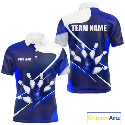 Men's bowling polo featuring white and blue bowling ball and pins, personalized bowling apparel for league championships, USBC tournaments, bowling clubs and custom team uniforms, symbolizing precision, professionalism and competitive excellence.