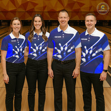 Load image into Gallery viewer, White And Blue Bowling Ball &amp; Pins Shirt For Women Custom Polo Quarter-Zip Bowling Team Jersey NYN3674