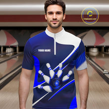 Load image into Gallery viewer, White And Blue Bowling Ball &amp; Pins Shirt For Men Custom Polo Quarter-Zip Bowling Team Jersey NYN3674