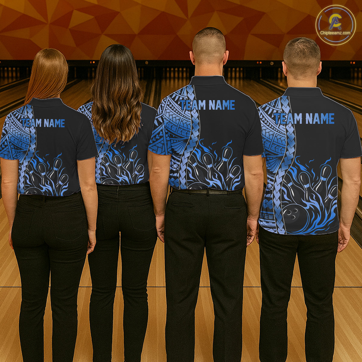 Men women bowling team wearing Black & Blue Flame Tribal Bowling Polo & Quarter-Zip shirts during bowling league competition, matching bowling team jerseys with custom names