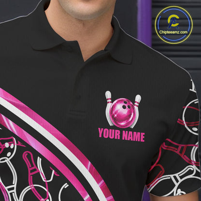 Male bowler modeling holographic bowling jersey in tournament setting