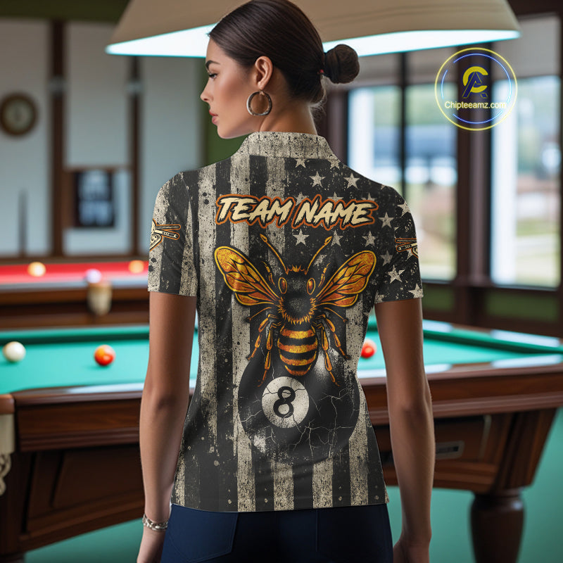 Funny Bee Crack Pool 8 Ball Women's Billiard Polo & 1/4 Zip Shirt Custom Billiard Ball Attire NYN2360