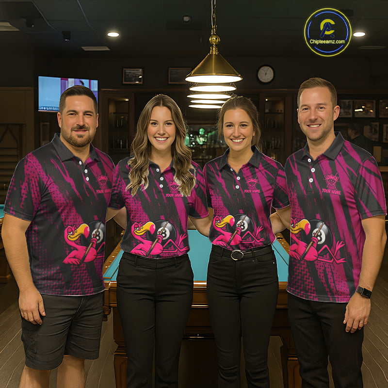Funny Flamingo Pool Women's Billiard Team Shirts Custom Pink Grunge 8 Ball Billiard Attire NYN2363
