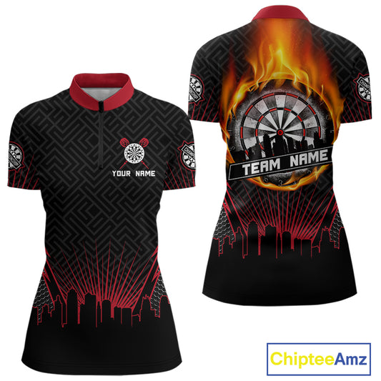 Custom Black And Red Fire Flame Dartboard Dart Shirts For Women, Dart Tournament Jerseys NYN0071