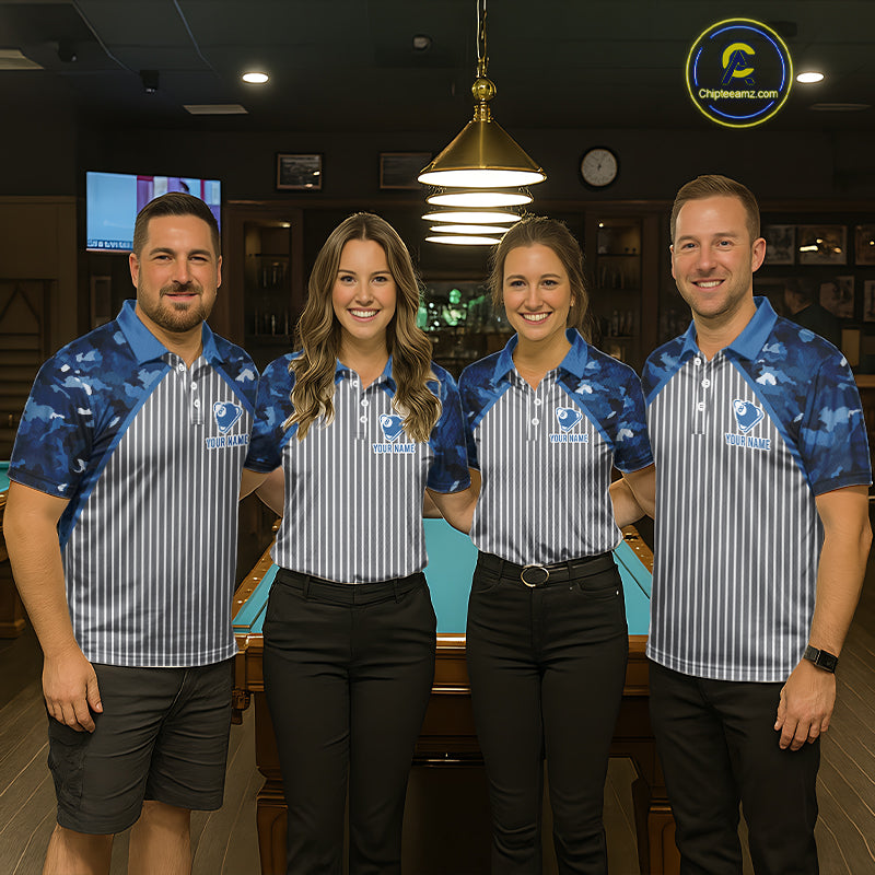 Blue Camouflage 8 Ball Pool Polo & 1/4-Zip Shirt Custom Billiard Shirts For Women Billiard Team Attire NYN2979