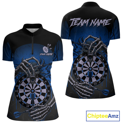 Custom Devil Skeleton Blue Dripping Dartboard Women Darts Quarter-Zip Shirt Outfits Dart Jerseys NYN1856
