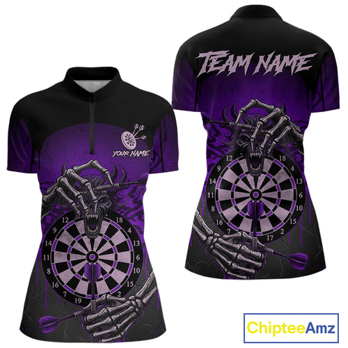 Custom Devil Skeleton Purple Dripping Dartboard Women Darts Quarter-Zip Shirt Outfits Dart Jerseys NYN1857