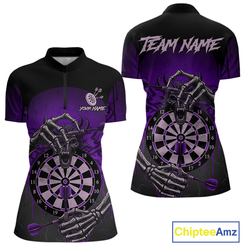 Custom Devil Skeleton Purple Dripping Dartboard Women Darts Quarter-Zip Shirt Outfits Dart Jerseys NYN1857