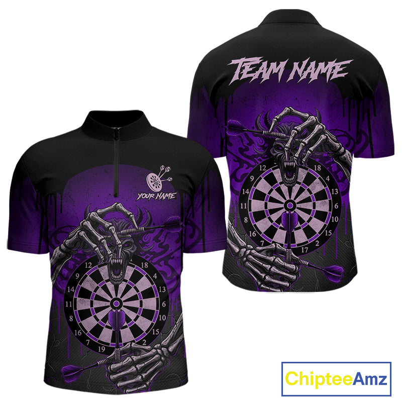 Custom Devil Skeleton Purple Dripping Dartboard Men Darts Quarter-Zip Shirt Outfits Dart Jerseys NYN1857