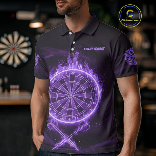 Purple Flames Dartboard & Arrow Custom Men Darts Polo Shirt Fire Flame Dart Jerseys NYN1862