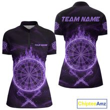 Load image into Gallery viewer, Purple Flames Dartboard &amp; Arrow Custom Women Darts Quarter-Zip Shirt Fire Flame Dart Jerseys NYN1862