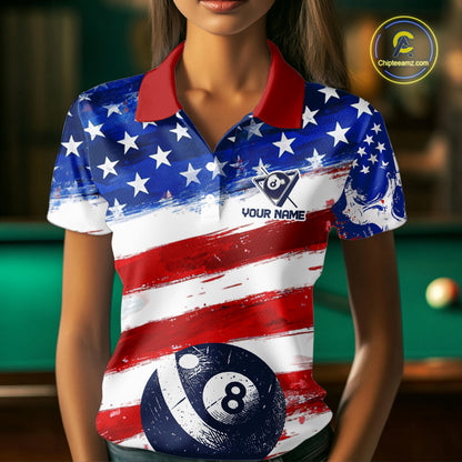 US Flag 8 Ball Pool Women Billiard Team Polo & 1/4-Zip Shirt Custom Billiard Attire Jersey NYN2373