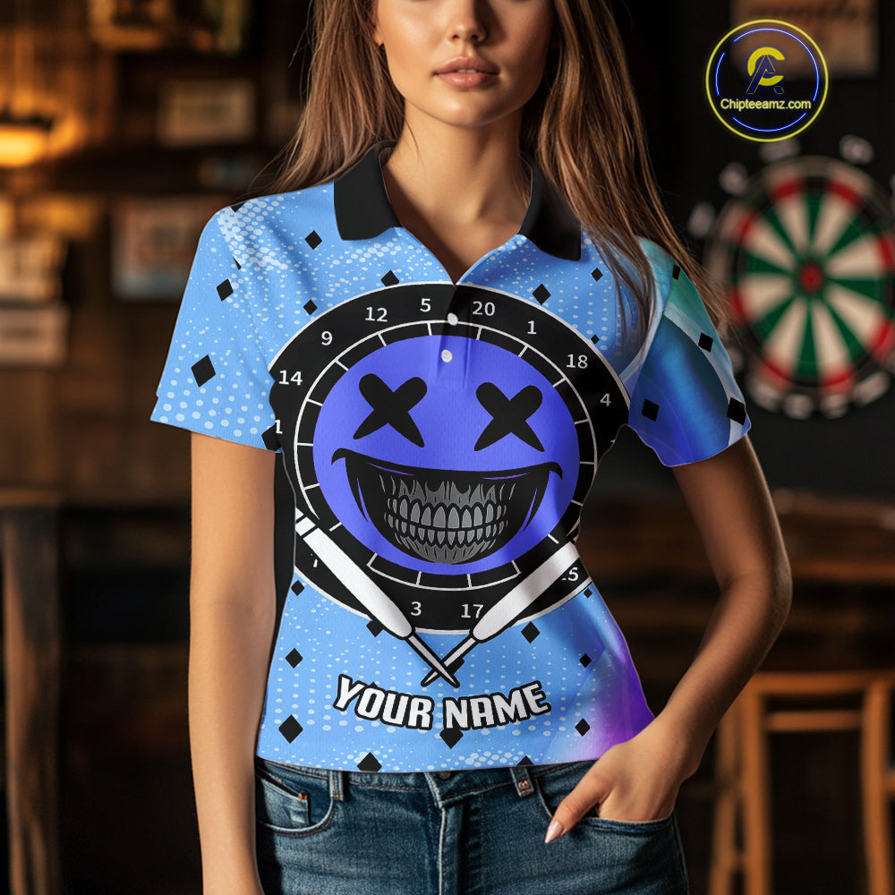Smile Face Dartboard Custom Funny Blue Dart Shirts For Women, Dart Team Jerseys NYN0084
