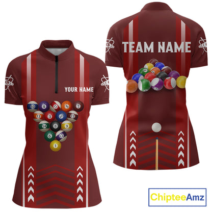 Personalized Red Ball Billiard  Polo & 1/4 Zip Shirt For Women Custom Pool Team Shirt Billiard Jersey NYN2981