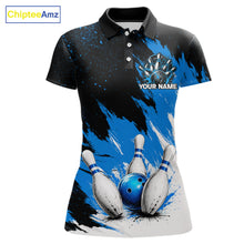 Load image into Gallery viewer, Black, White &amp; Blue Splatter Women Bowling Shirt Custom Grunge Polo Quarter-Zip Bowling Team Jersey NYN3682