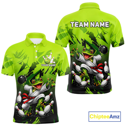 Funny Frog Bowling Ball And Pins Shirt For Men Custom Green Polo Quarter-Zip Bowling Team Attire NYN3685
