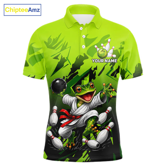 Funny Frog Bowling Ball And Pins Shirt For Men Custom Green Polo Quarter-Zip Bowling Team Attire NYN3685