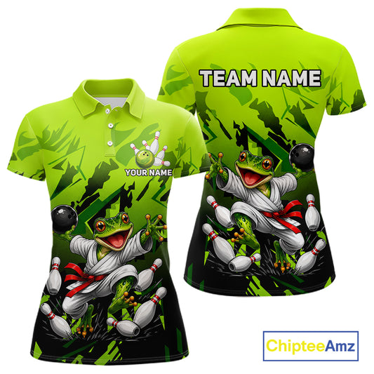 Funny Frog Bowling Ball And Pins Shirt For Women Custom Green Polo Quarter-Zip Bowling Team Attire NYN3685
