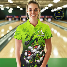 Load image into Gallery viewer, Funny Frog Bowling Ball And Pins Shirt For Women Custom Green Polo Quarter-Zip Bowling Team Attire NYN3685