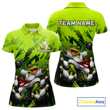 Load image into Gallery viewer, Funny Frog Bowling Ball And Pins Shirt For Women Custom Green Polo Quarter-Zip Bowling Team Attire NYN3685