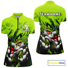 Load image into Gallery viewer, Funny Frog Bowling Ball And Pins Shirt For Women Custom Green Polo Quarter-Zip Bowling Team Attire NYN3685