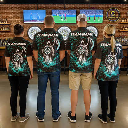 Black & Teal Splatter Grim Reaper Hold Dartboard Dart Shirts For Women Custom Dart Team Shirts NYN3954