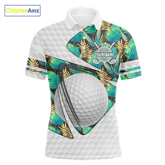 Custom Name Green Tropical Pattern Golf Mens Polo Shirt, Best White Ball Golf Clothing For Mens NYN2992