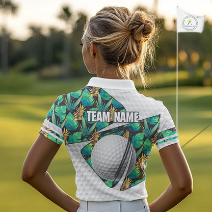Custom Name Green Tropical Pattern Golf Women Polo Shirt, Best White Ball Golf Clothing For Women NYN2992