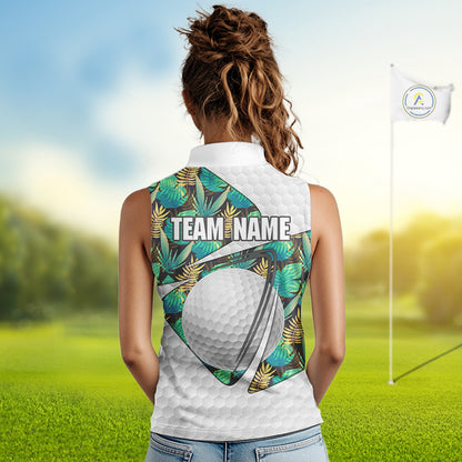 Custom Name Green Tropical Pattern Golf Women Sleeveless Polo Shirt, Best White Ball Golf Clothing For Women NYN2992