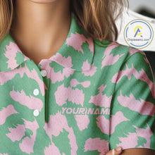 Load image into Gallery viewer, Womens Leopard Pattern Golf Polo Shirts Custom Green Pink Golf Clubs Pattern Attire, Golf Upf Shirts NYN3000
