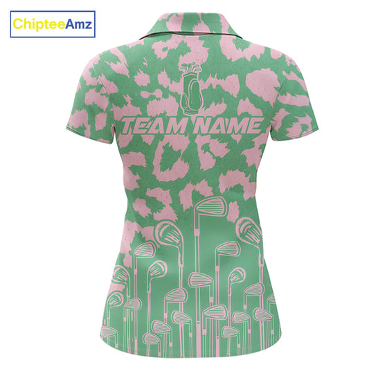 Womens Leopard Pattern Golf Polo Shirts Custom Green Pink Golf Clubs Pattern Attire, Golf Upf Shirts NYN3000