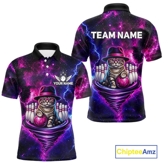 Cool Cat Galaxy Tornado Bowling Polo Quarter Zip Shirt For Men Custom Bowling Team Jersey