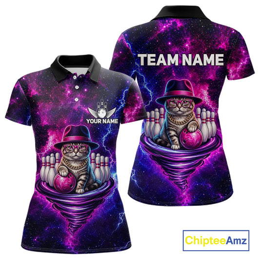 Cool Cat Galaxy Tornado Bowling Polo Quarter Zip Shirt For Women Custom Bowling Team Jersey