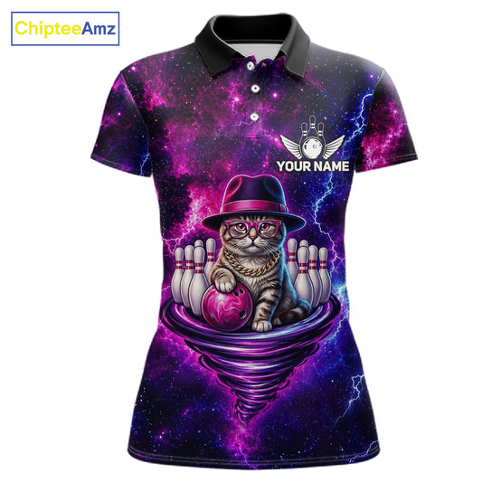 Cool Cat Galaxy Tornado Bowling Polo Quarter Zip Shirt For Women Custom Bowling Team Jersey