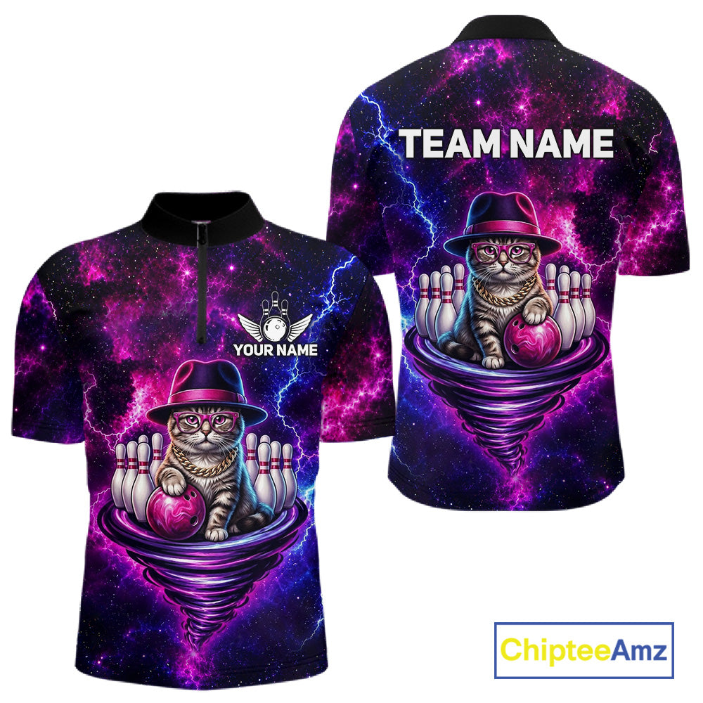Cool Cat Galaxy Tornado Bowling Polo Quarter Zip Shirt For Men Custom Bowling Team Jersey