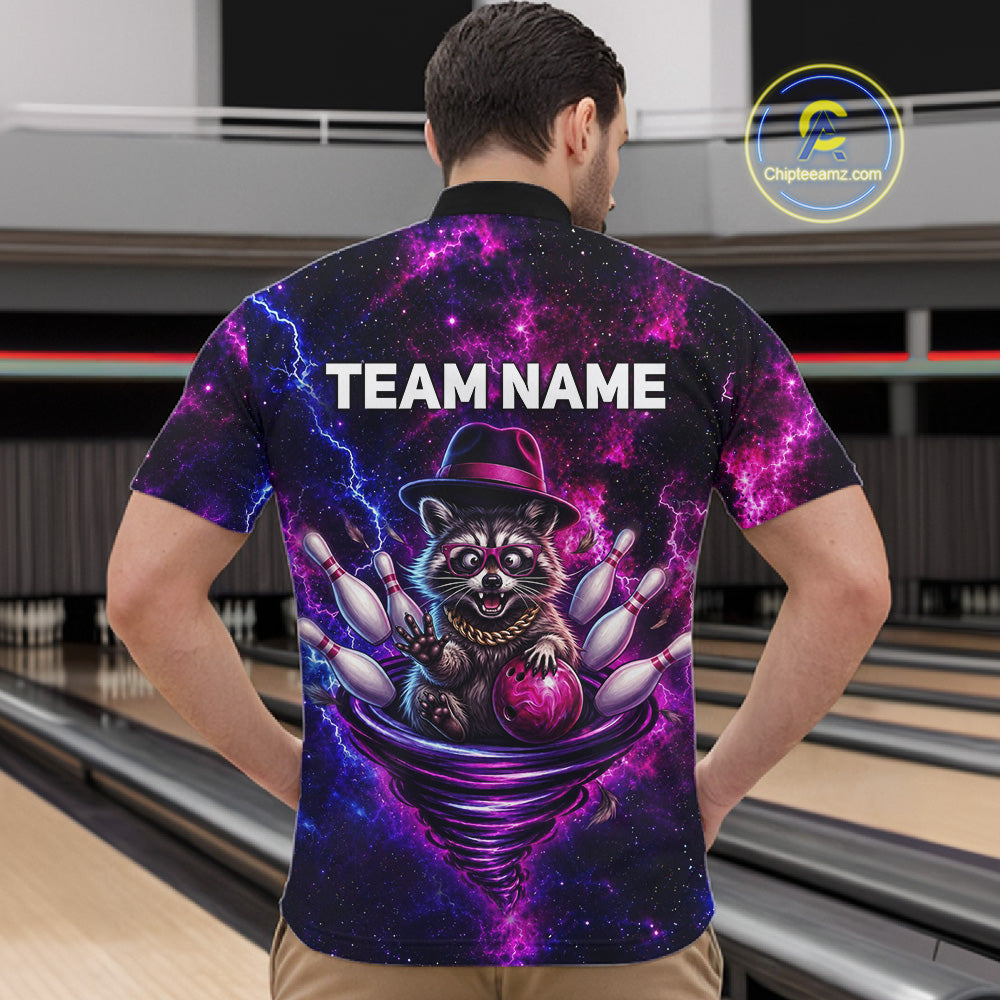 Raccoon Funny Bowling Polo 1/4-Zip Shirts For Men Custom Galaxy Tornado Bowling Team Jerseys NYN3413