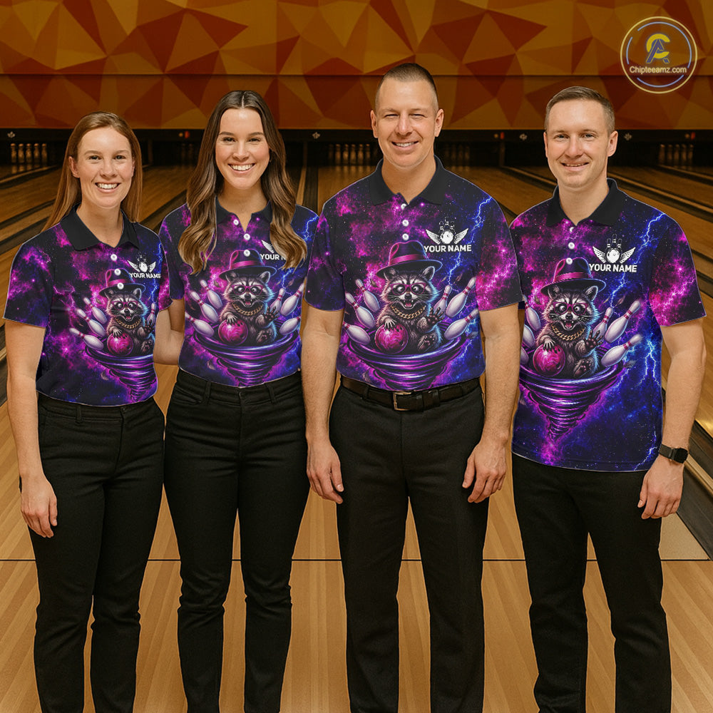 Raccoon Funny Bowling Polo 1/4-Zip Shirts For Men Custom Galaxy Tornado Bowling Team Jerseys NYN3413