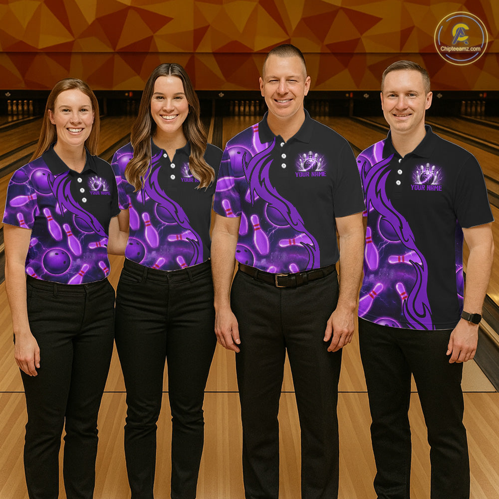 Purple Thunder Custom Mens Bowling Ball & Pin Shirts, Bowling Team Jerseys For Bowlers NYN3418