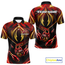 Load image into Gallery viewer, Men's bowling polo featuring red and gold lightning strike graphics with bowling ball, personalized tournament bowling shirt for racing fans, motorsport enthusiasts, esports players and league champions, symbolizing speed, power, momentum and victory