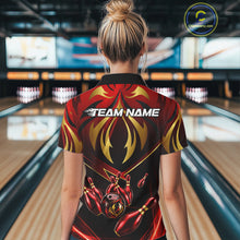 Load image into Gallery viewer, Female bowler wearing red gold lightning bowling jersey during tournament competition, personalized athletic apparel symbolizing confidence, determination and success.