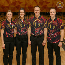 Load image into Gallery viewer, Bowling team wearing matching red gold lightning jerseys during tournament finals, representing unity, teamwork, momentum, resilience and victory.