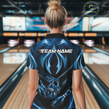 Load image into Gallery viewer, Female bowler wearing blue lightning bowling jersey during league event, custom athletic apparel representing precision, focus and resilience.