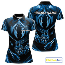 Load image into Gallery viewer, Women's bowling polo featuring blue lightning strike graphics, personalized bowling shirt for technology lovers, gamers, science enthusiasts and league bowlers, symbolizing focus, intelligence, clarity and discipline.