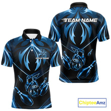 Load image into Gallery viewer, Men's bowling polo featuring blue lightning strike artwork with bowling graphics, personalized bowling apparel for technology enthusiasts, gamers, engineers and tournament bowlers, symbolizing focus, intelligence, clarity and precision.
