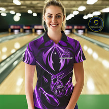 Load image into Gallery viewer, Female bowler wearing purple lightning bowling jersey during bowling championship, custom sportswear symbolizing creativity, confidence and championship spirit.
