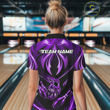 Load image into Gallery viewer, Female bowler wearing purple lightning bowling jersey during bowling championship, custom sportswear symbolizing creativity, confidence and championship spirit.