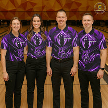 Load image into Gallery viewer, Mixed bowling team wearing matching purple lightning jerseys, personalized team uniforms representing unity, innovation, teamwork and lasting success.