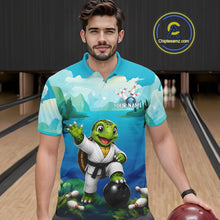 Load image into Gallery viewer, Male bowler wearing ocean turtle bowling jersey during USBC tournament, premium athletic apparel representing wisdom, confidence and resilience.